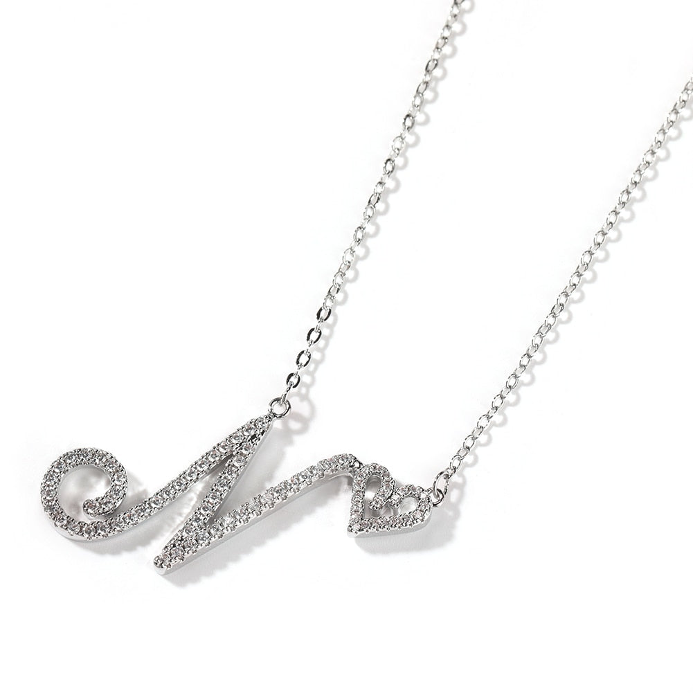 Crystal Heart Initial Cursive Letter Necklace