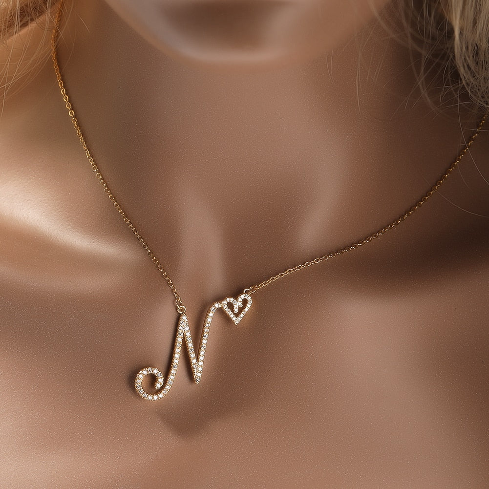 Crystal Heart Initial Cursive Letter Necklace