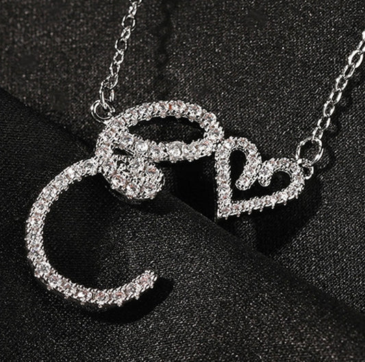 Crystal Heart Initial Cursive Letter Necklace